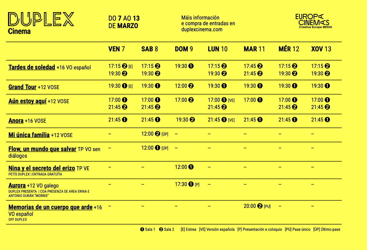 Cartelera del Dúplex cinema del semana del 7 de marzo al 13 de marzo 