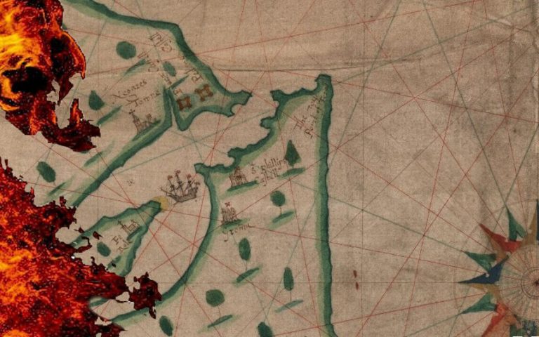 ferrol en llamas montaje sobre mapa ingles de 1589 UDC